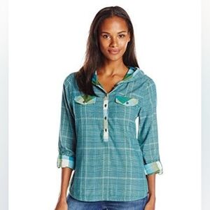 PrAna Anja Women's Hooded Pullover Shirt Large Green Check‎